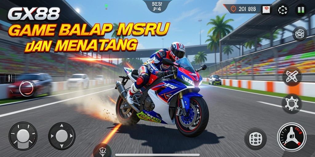 Tampilan antarmuka balap motor yang menarik dan dinamis.